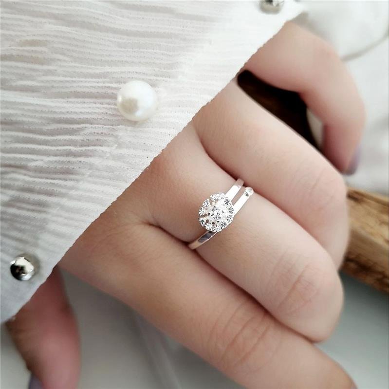 ANEL PRATA 925 ARO CRUZADO FLOR E PONTO LUZ