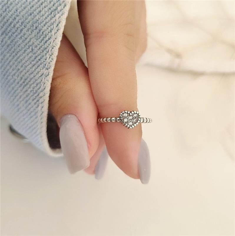 ANEL PRATA 925 CORAÇÃO CRAVEJADO ARO BOLINHAS