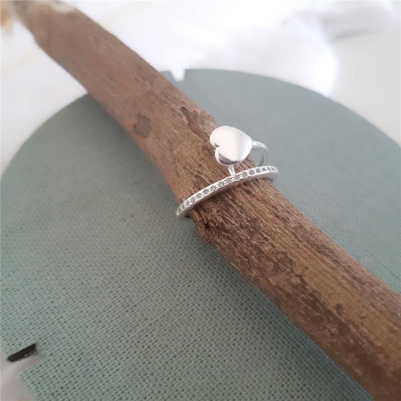 ANEL PRATA 925 CORAÇÃO DUPLO COM PEDRA