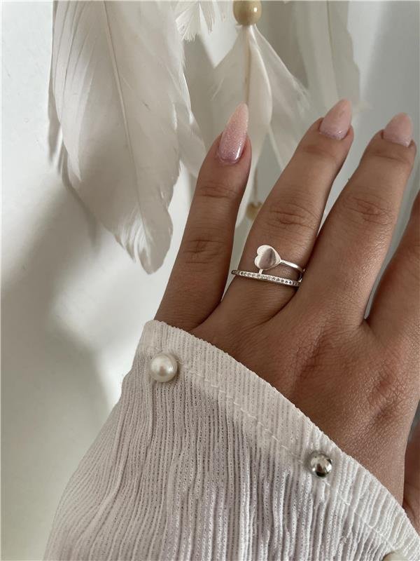 ANEL PRATA 925 CORAÇÃO DUPLO COM PEDRA