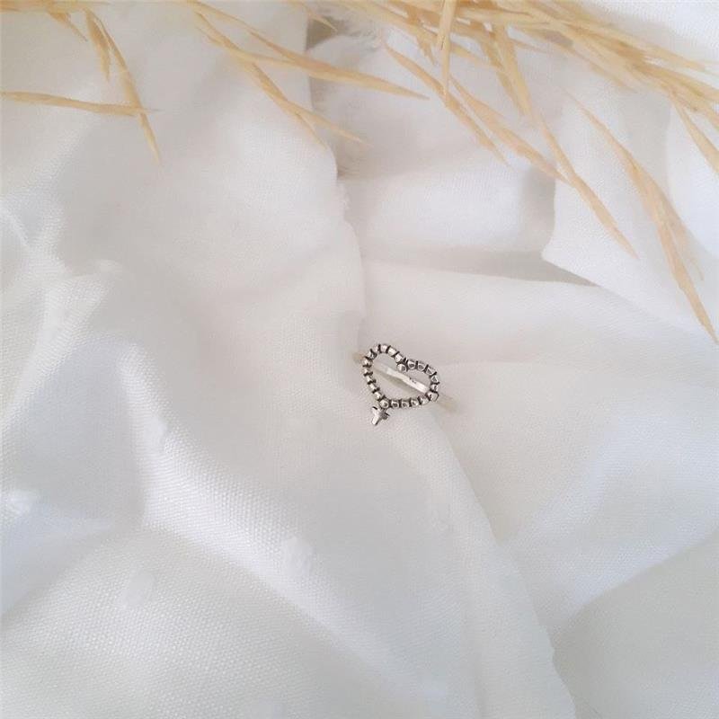 ANEL PRATA 925 CORAÇÃO TERÇO BOLINHAS