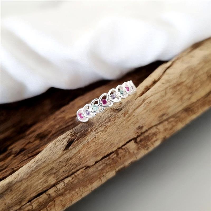 ANEL PRATA 925 CORAÇÕES GRANDE PEDRAS COLORIDAS