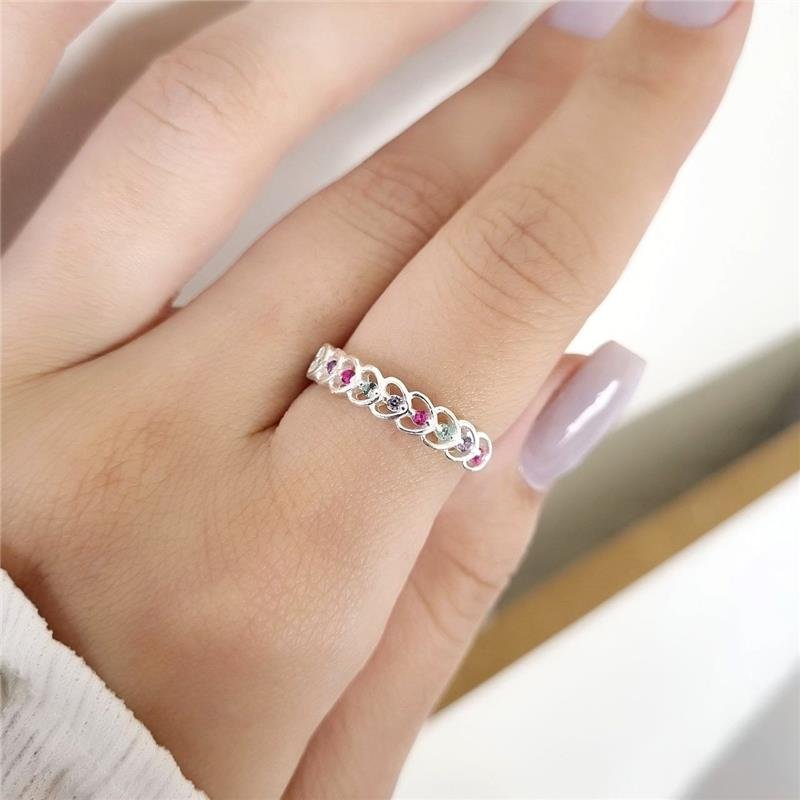 ANEL PRATA 925 CORAÇÕES GRANDE PEDRAS COLORIDAS