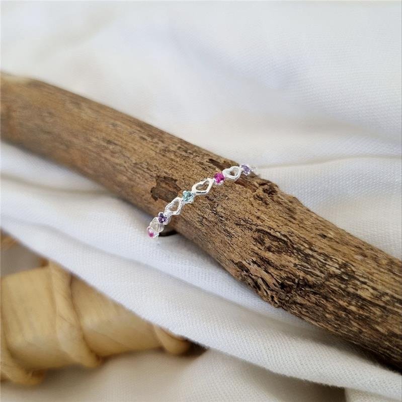 ANEL PRATA 925 CORAÇÕES VAZADOS PEDRAS COLORIDAS