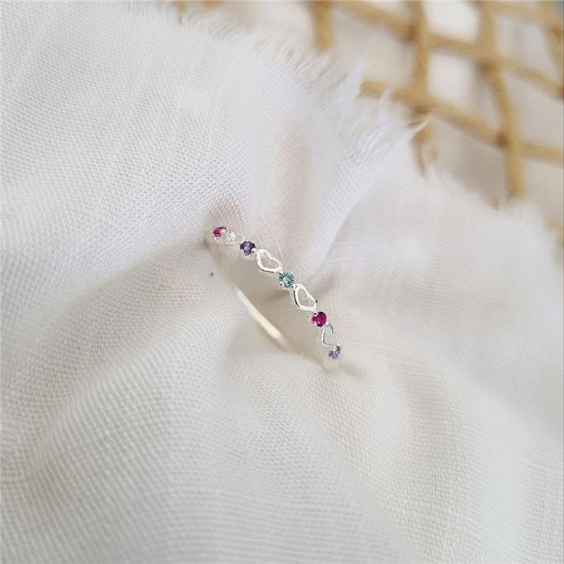 ANEL PRATA 925 CORAÇÕES VAZADOS PEDRAS COLORIDAS