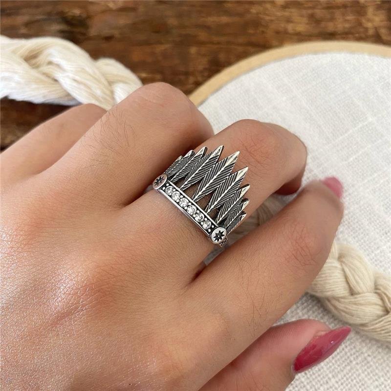 ANEL PRATA 925 COROA COCAR INDIGENA COM PEDRA