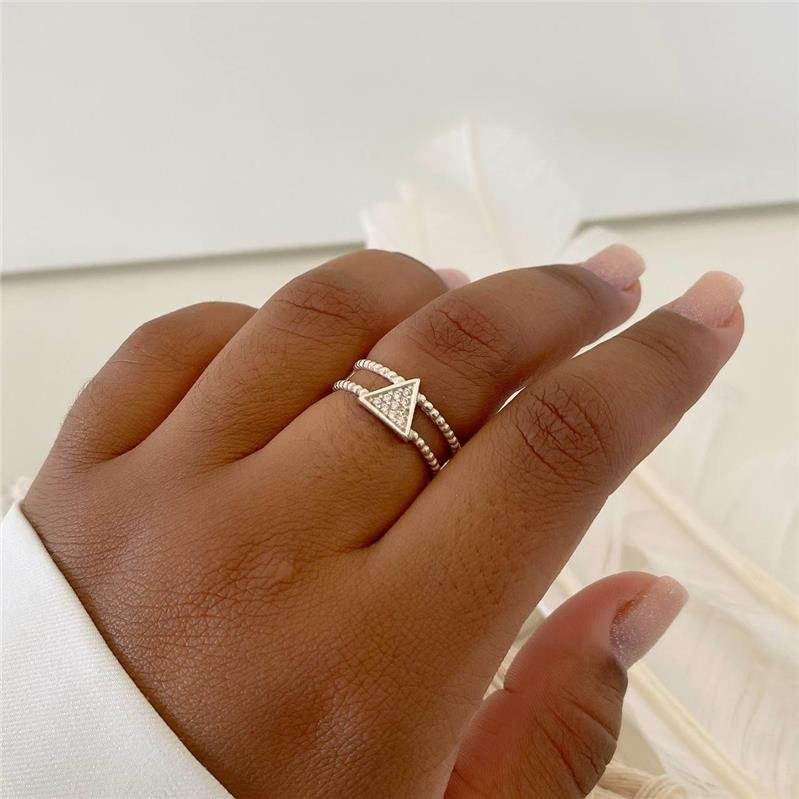 ANEL PRATA 925 DUAS LINHAS BOLINHA COM TRIÂNGULO