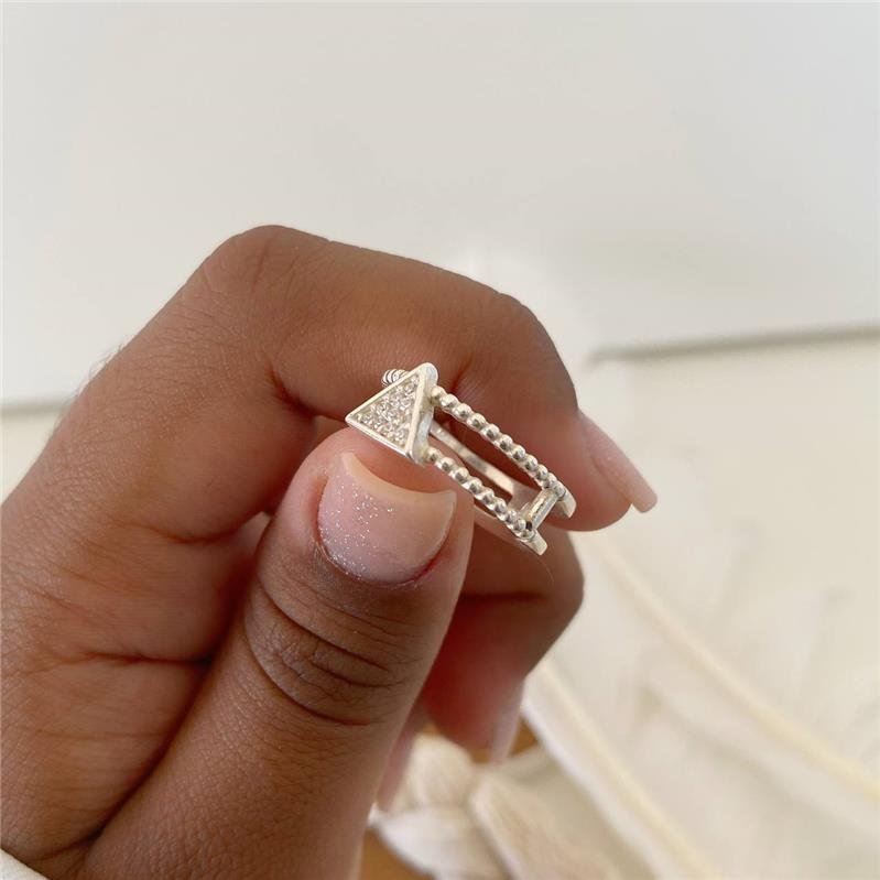 ANEL PRATA 925 DUAS LINHAS BOLINHA COM TRIÂNGULO