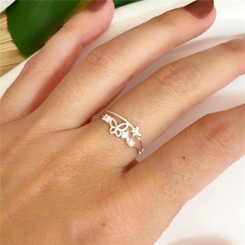 ANEL PRATA 925 DUPLO BORBOLETA VAZADA COM ZIRCÔNIAS CRAVEJADAS