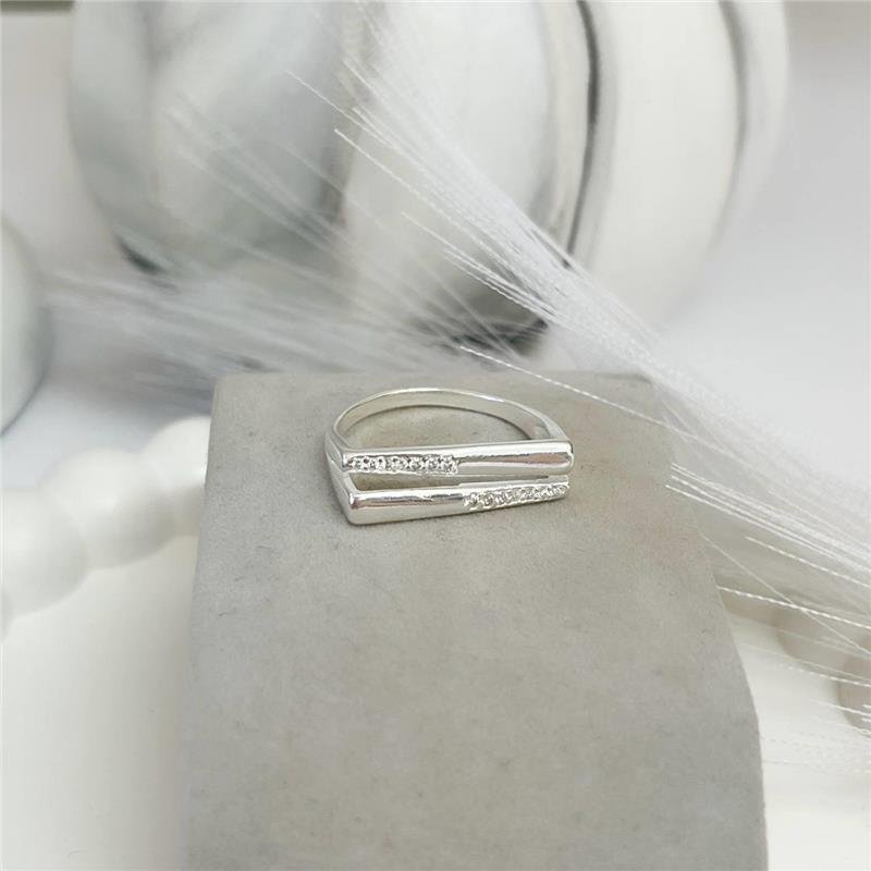 ANEL PRATA 925 DUPLO MINIMALISTA BASE QUADRADA MICROZIRCÔNIAS CRAVEJADAS