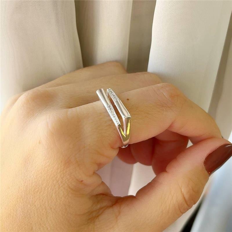ANEL PRATA 925 DUPLO MINIMALISTA BASE QUADRADA MICROZIRCÔNIAS CRAVEJADAS