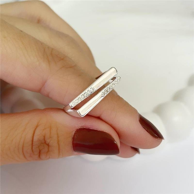 ANEL PRATA 925 DUPLO MINIMALISTA BASE QUADRADA MICROZIRCÔNIAS CRAVEJADAS