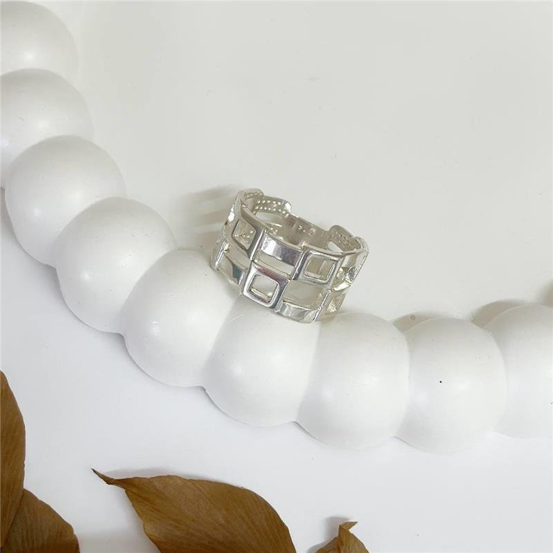 ANEL PRATA 925 DUPLO QUADRADINHOS VAZADOS LISOS