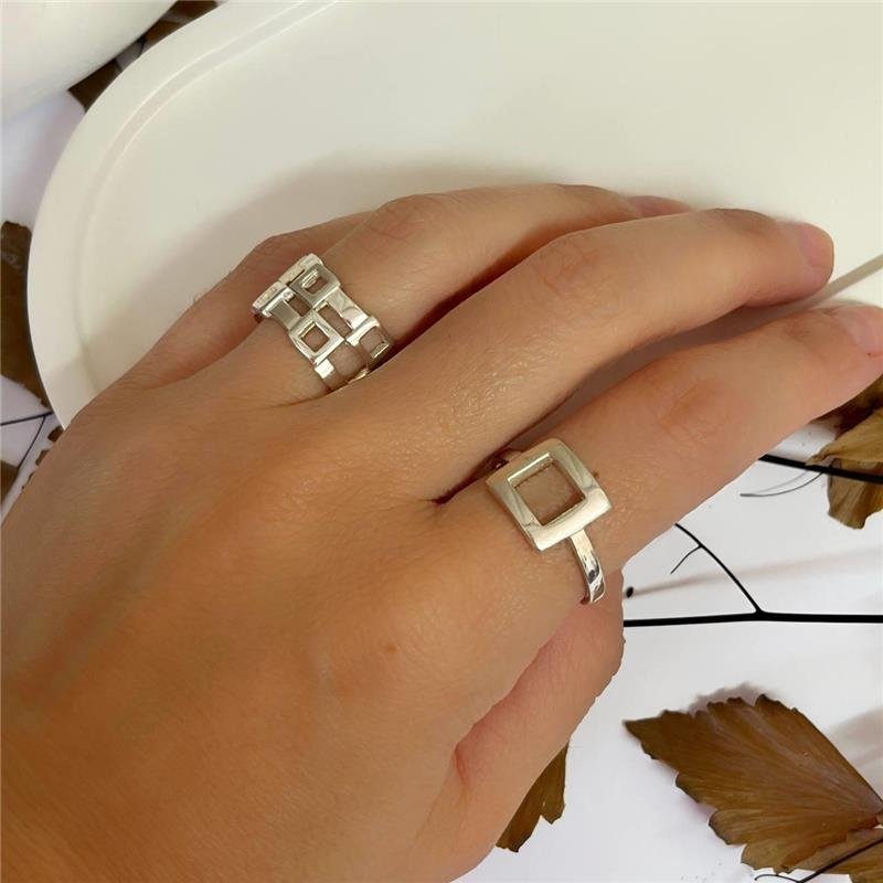 ANEL PRATA 925 DUPLO QUADRADINHOS VAZADOS LISOS