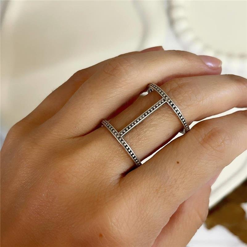 ANEL PRATA 925 DUPLO LINHA VERTICAL MEIO DETALHES PONTINHOS