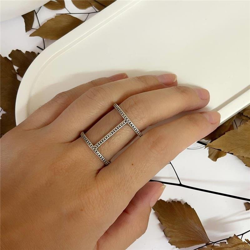 ANEL PRATA 925 DUPLO LINHA VERTICAL MEIO DETALHES PONTINHOS