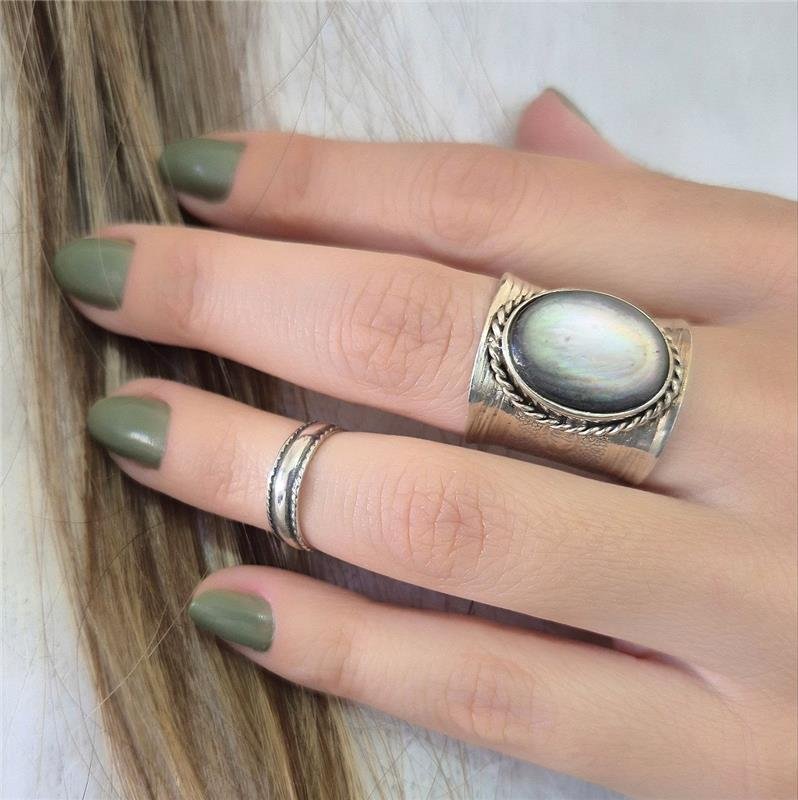 ANEL PRATA 925 ESCUDO BOHO ABALONE