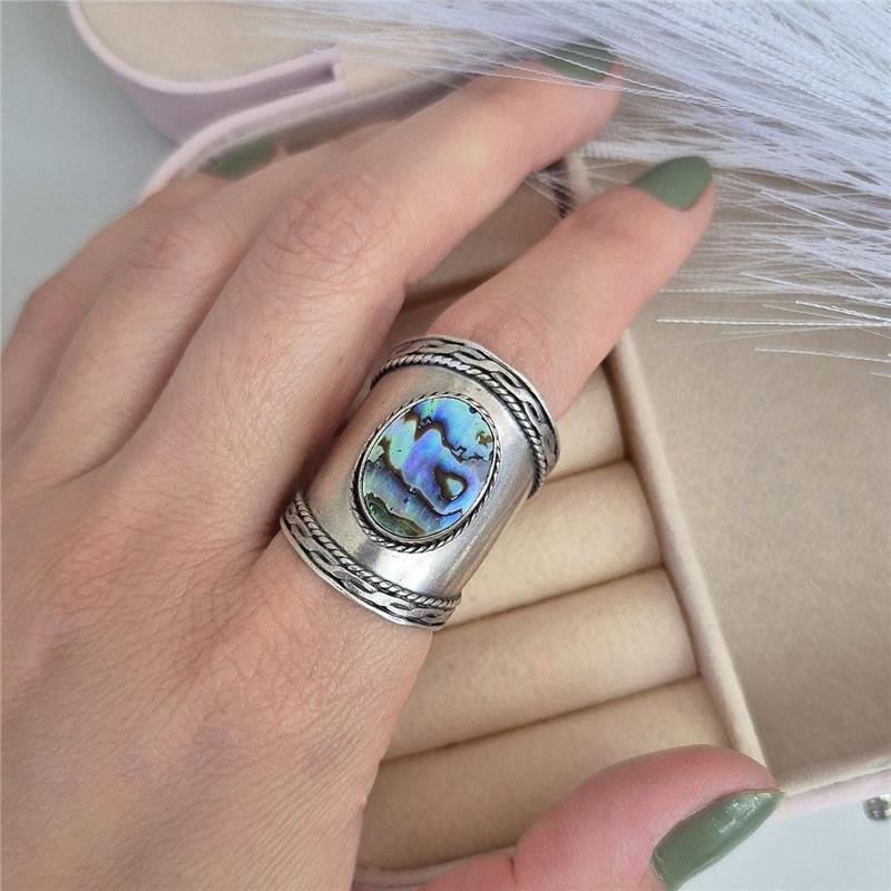 ANEL PRATA 925 ESCUDO BOHO LARGO ABALONE