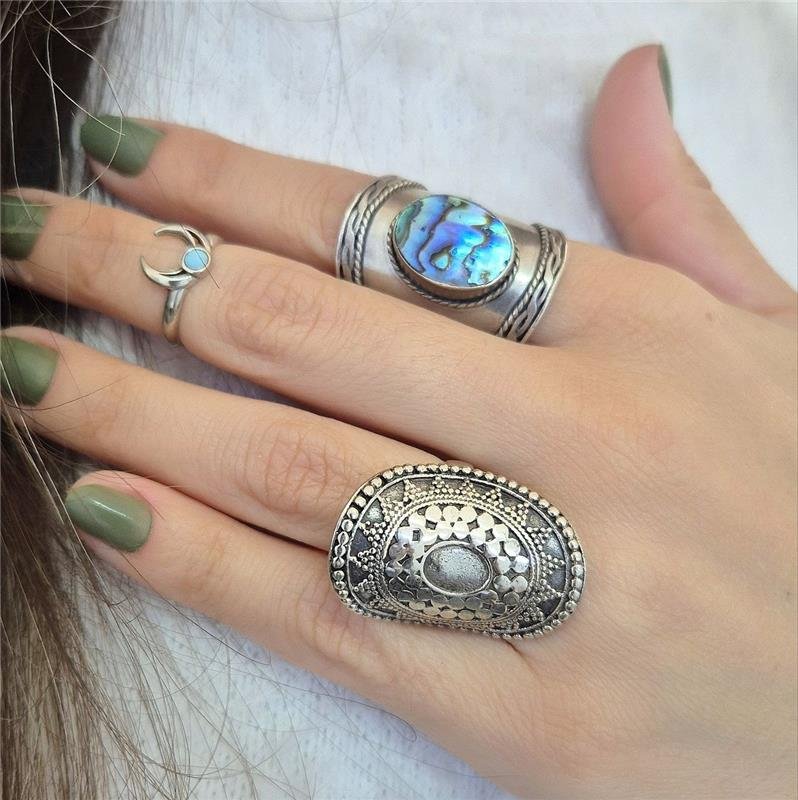 ANEL PRATA 925 ESCUDO BOHO LARGO ABALONE