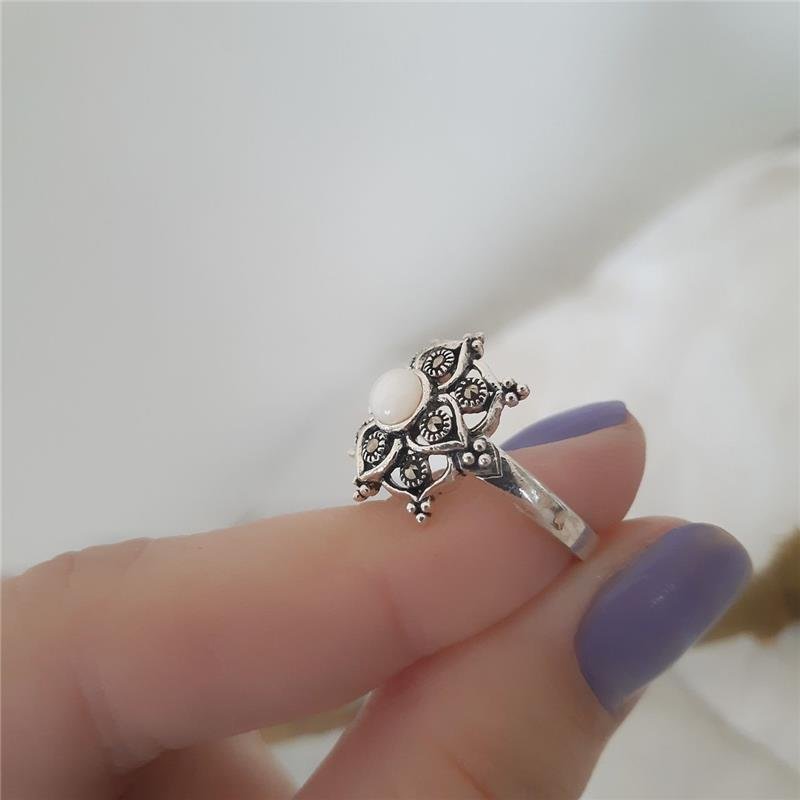 ANEL PRATA 925 FLOR PEDRA NATURAL