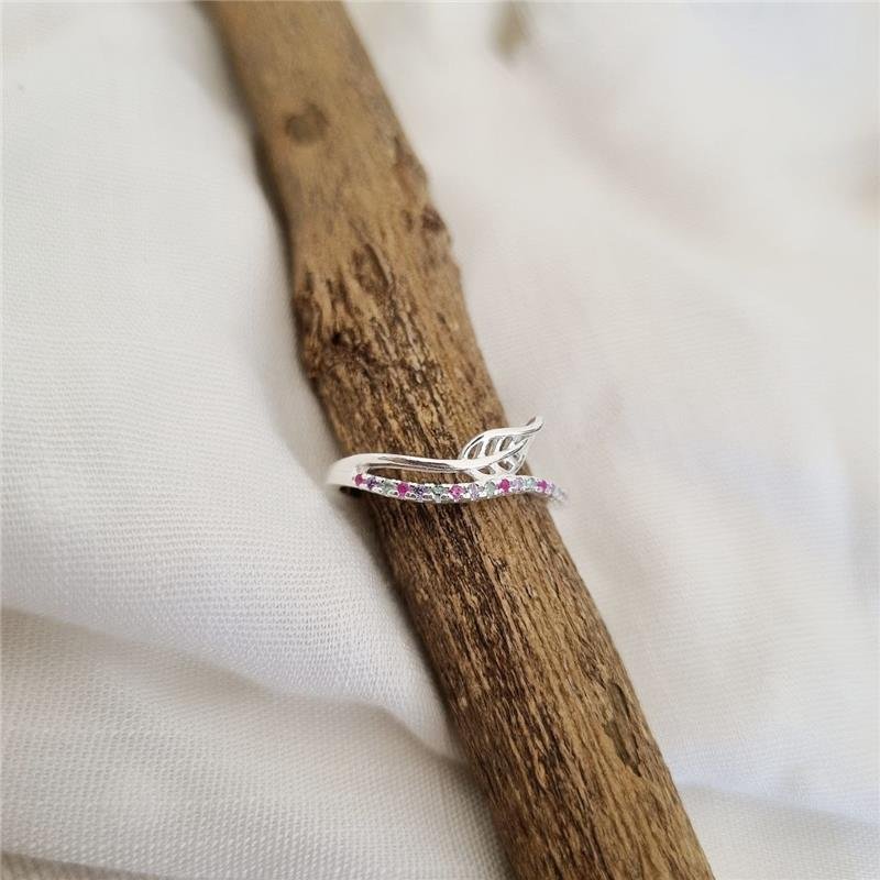 ANEL PRATA 925 FOLHA LINHA CRAVEJADA COLORIDA