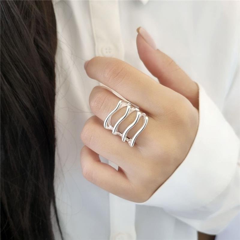 ANEL PRATA 925 GEOMÉTRICO QUATRO LINHAS ONDAS