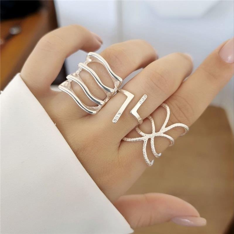 ANEL PRATA 925 GEOMÉTRICO QUATRO LINHAS ONDAS