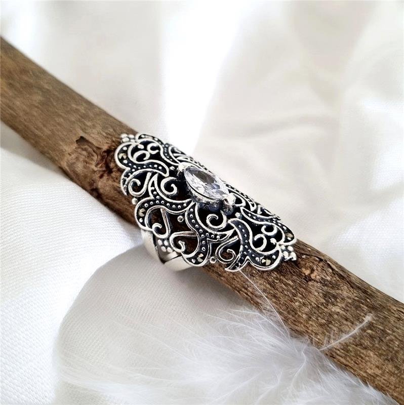 ANEL PRATA 925 GRANDE ARABESCOS PEDRA NAVETE