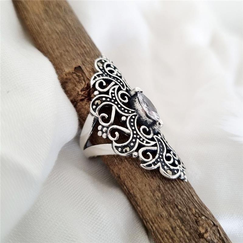 ANEL PRATA 925 GRANDE ARABESCOS PEDRA NAVETE