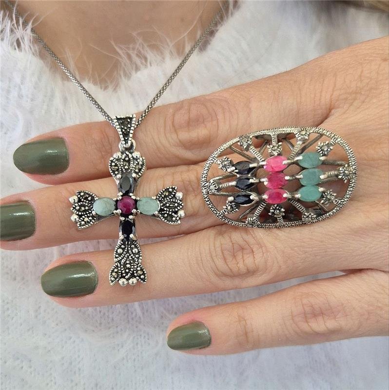 ANEL PRATA 925 GRANDE OVAL COM PEDRAS NATURAIS