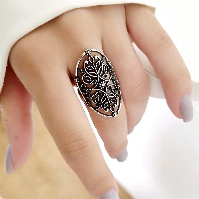 ANEL PRATA 925 GRANDE OVAL FLORES E FOLHAS