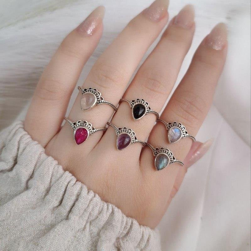 ANEL PRATA 925 LEQUE PEDRA NATURAL GOTA