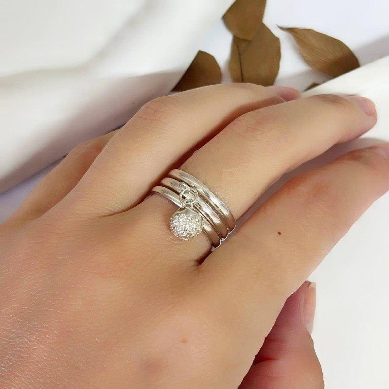 ANEL PRATA 925 LINHAS SEPARADAS BOLINHA CRAVEJADA PENDURADA