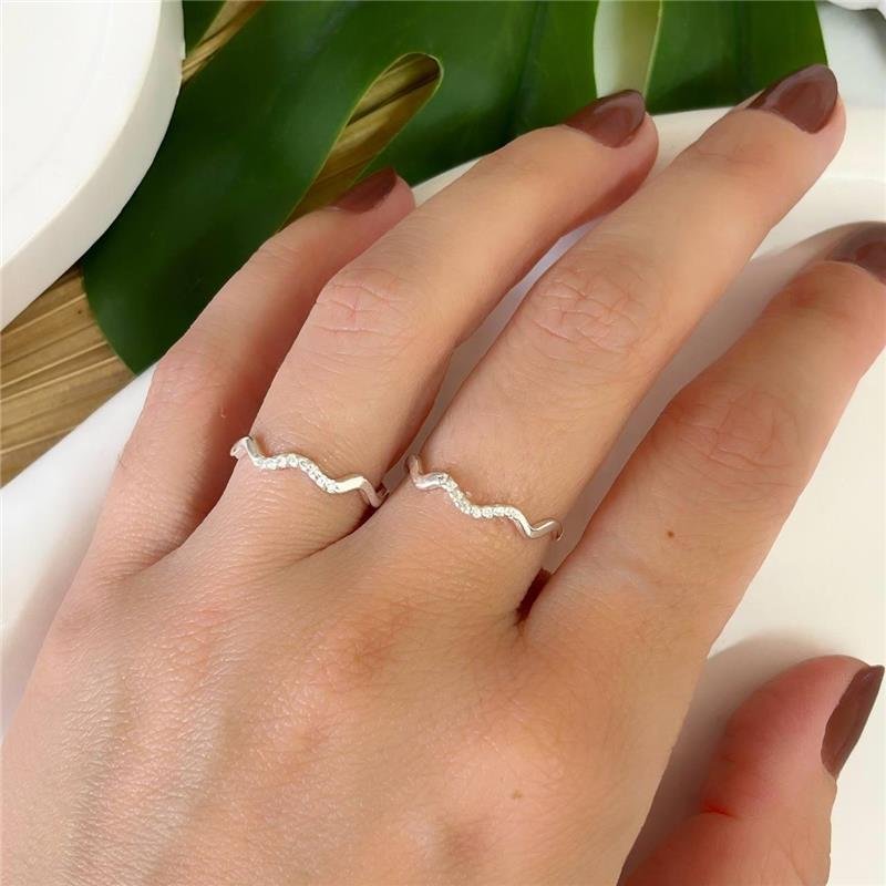 ANEL PRATA 925 MINIMALISTA ONDULADO PRATA LISA E CRAVEJADA