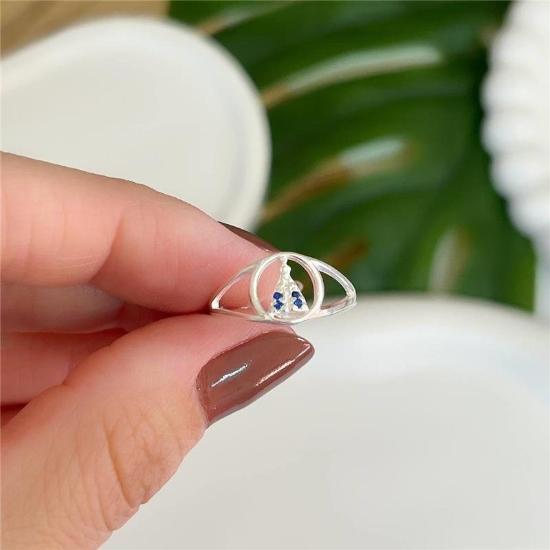 ANEL PRATA 925 NOSSA SENHORA APARECIDA COM MICROZIRCÔNIAS AZUIS 