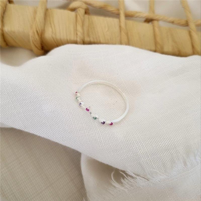 ANEL PRATA 925 ONDULADO BICO PEDRAS COLORIDAS