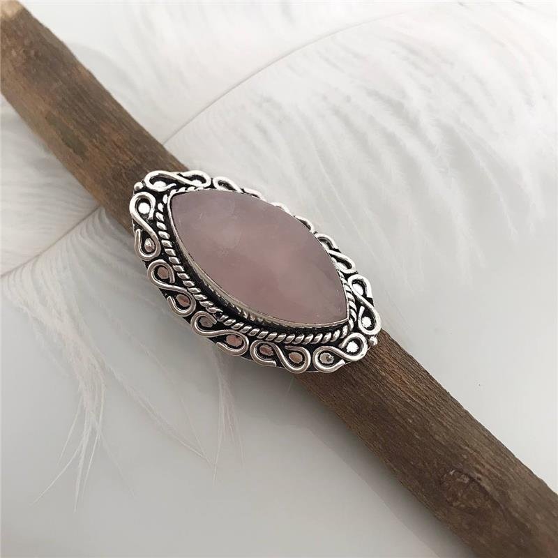 ANEL PRATA 925 QUARTZO ROSA AMENDOADO