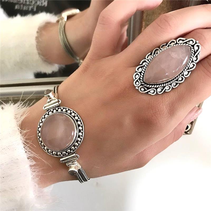 ANEL PRATA 925 QUARTZO ROSA AMENDOADO