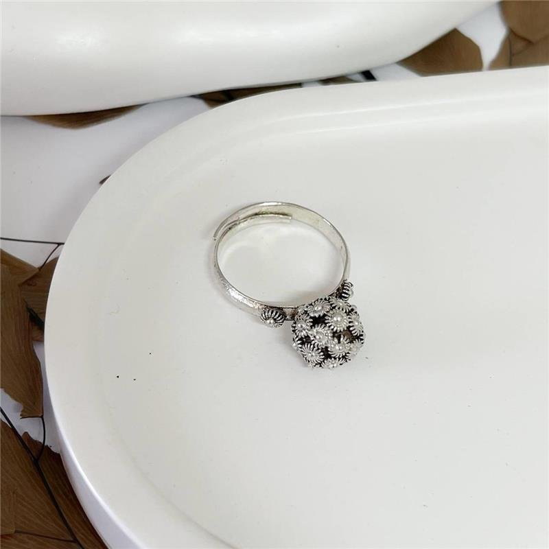 ANEL PRATA 925 REGULÁVEL BOLA DECORADA FLORZINHAS