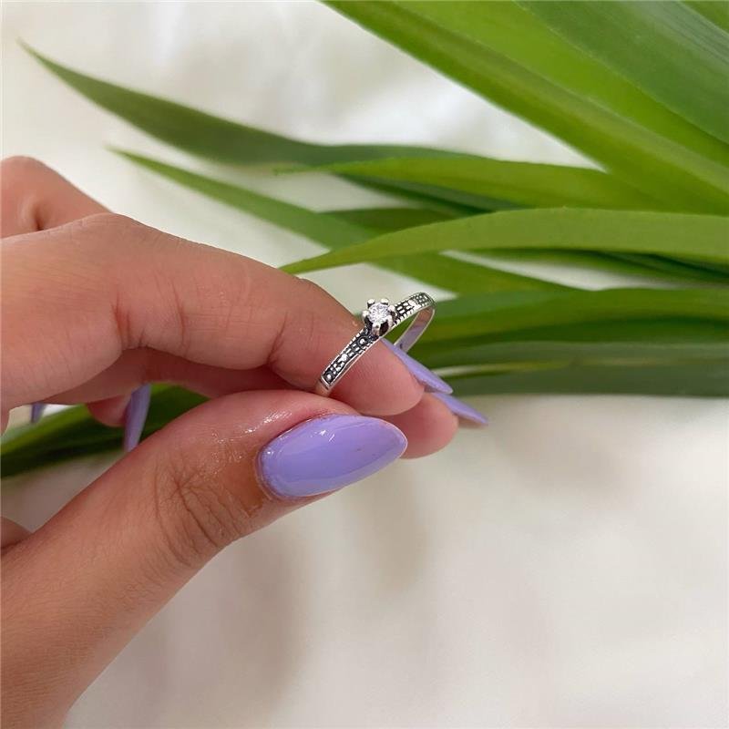 ANEL PRATA 925 SOLITÁRIO BOLINHAS NAS LATERAIS