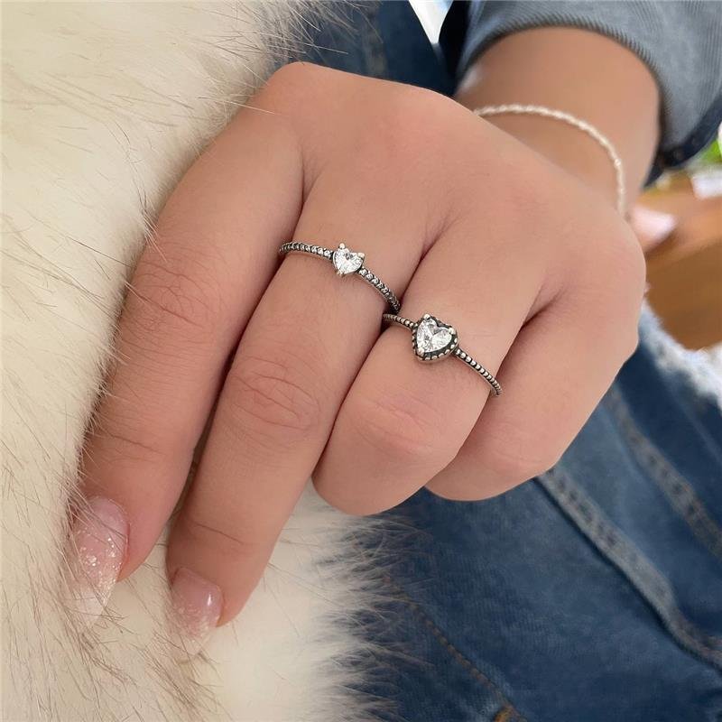 ANEL PRATA 925 SOLITÁRIO CORAÇÃO COM BOLINHAS EM VOLTA