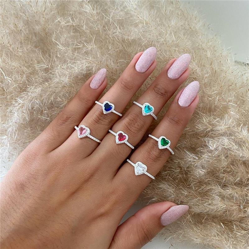 ANEL PRATA 925 SOLITÁRIO CORAÇÃO COM PEDRA CORES