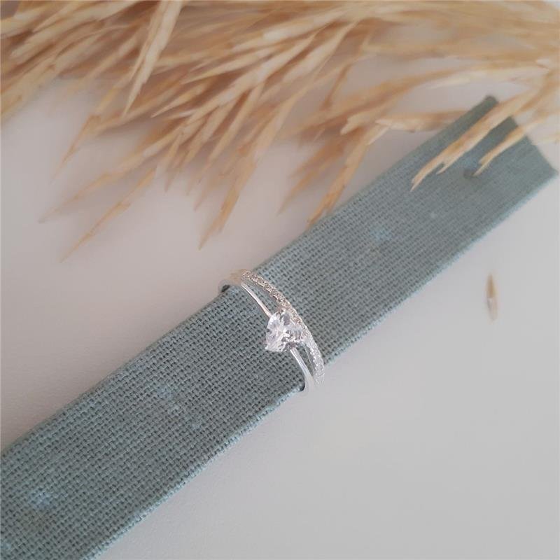 ANEL PRATA 925 SOLITÁRIO CORAÇÃO DUAS LINHAS CRAVEJADO