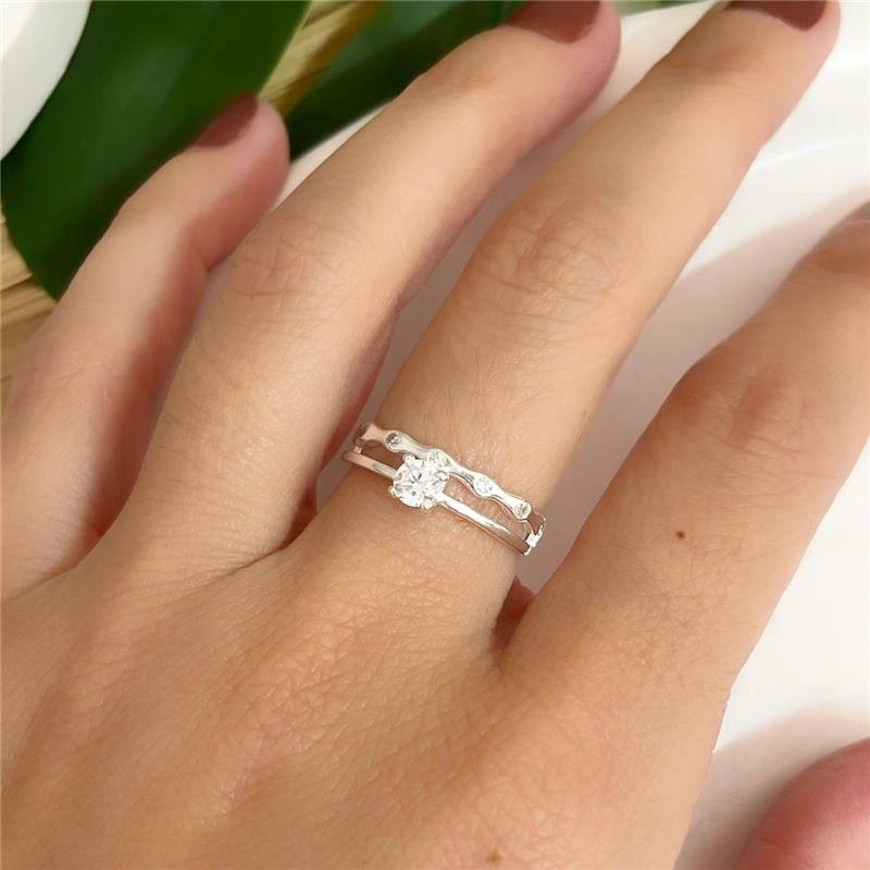 ANEL PRATA 925 SOLITÁRIO DUPLO COM PONTOS LUZ