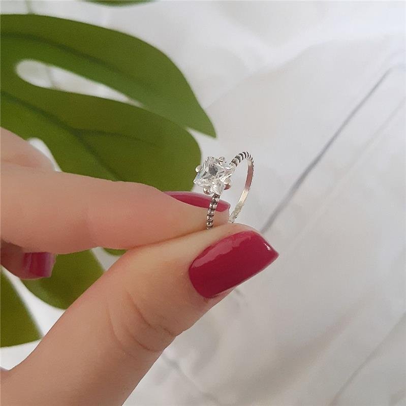 ANEL PRATA 925 SOLITÁRIO QUADRADO ARO ROCOCÓ