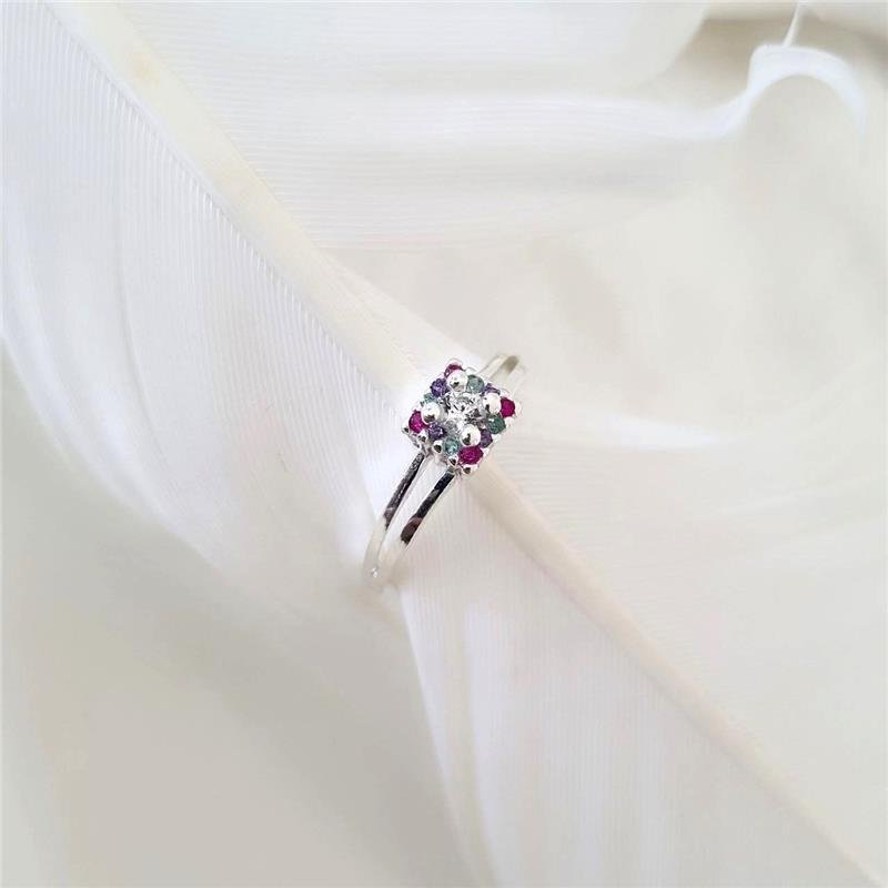 ANEL PRATA 925 SOLITÁRIO QUADRADO PEDRAS COLORIDAS