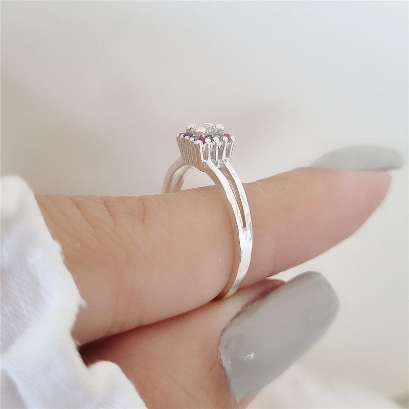 ANEL PRATA 925 SOLITÁRIO QUADRADO PEDRAS COLORIDAS