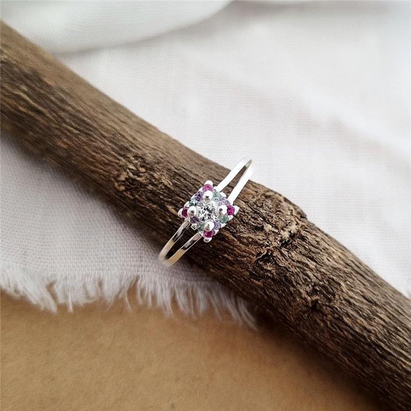 ANEL PRATA 925 SOLITÁRIO QUADRADO PEDRAS COLORIDAS