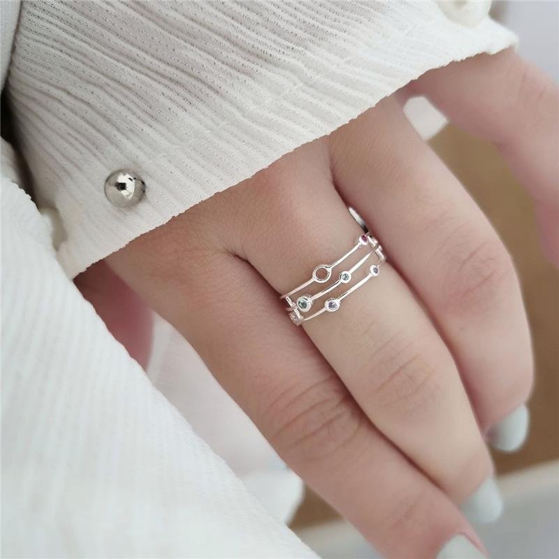 ANEL PRATA 925 TRIPLO BOLINHAS PEDRAS COLORIDAS