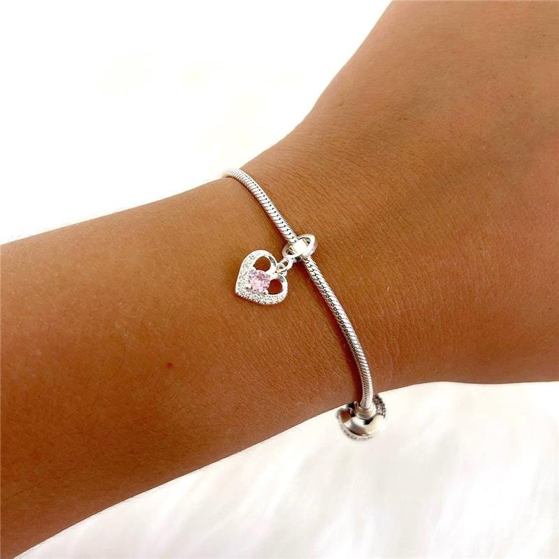  BERLOQUE PRATA 925 CORAÇÃO CRAVEJADO E PEDRA ROSA